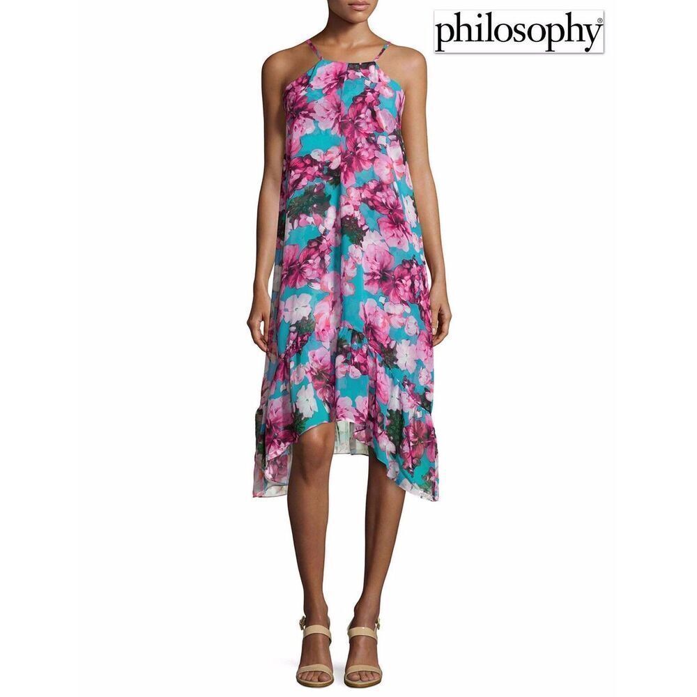 NWT $138 Sz. S Philosophy Sleeveless Floral Print Pink Blue Asymmetrical Dress